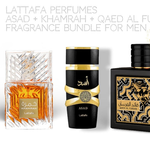 Lattafa Perfumes Asad + Khamrah EDP 100ml (3.4 Oz) & Qaed Al Fursan EDP 90ml (3.04 Oz) - Long Lasting Men's Fragrance Bundle -  Fragrance Value Bundle - Luxury Fragrance Gift Set For Men perfume luxurious fragrance loud  perfume