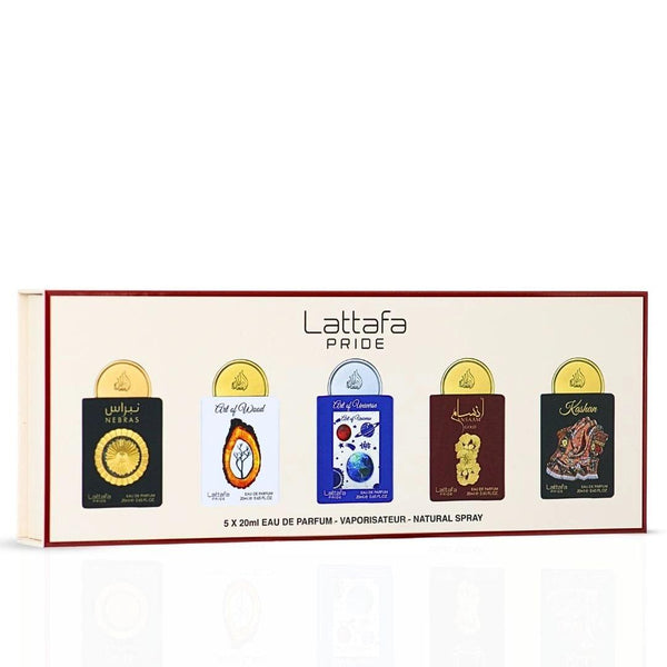 Lattafa Pride Eau de Parfum Gift Set Collection – Nebras + Art of Wood + Art of Universe + Ansaam Gold + Kashan (5 x 20ml Minis)