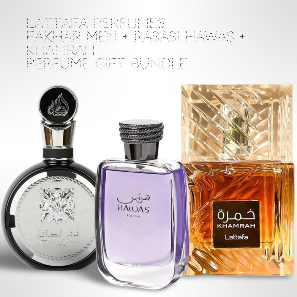 Lattafa Perfumes Fakhar men + Rasasi Hawas + Khamrah 100ml (3.4 Fl oz) Long Lasting Perfume - Value Bundle - Fragrance Gift Bundle niche  fragrances lattafa  fakhar