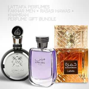 Lattafa Perfumes Fakhar men + Rasasi Hawas + Khamrah 100ml (3.4 Fl oz) Long Lasting Perfume - Value Bundle - Fragrance Gift Bundle niche  fragrances lattafa  fakhar
