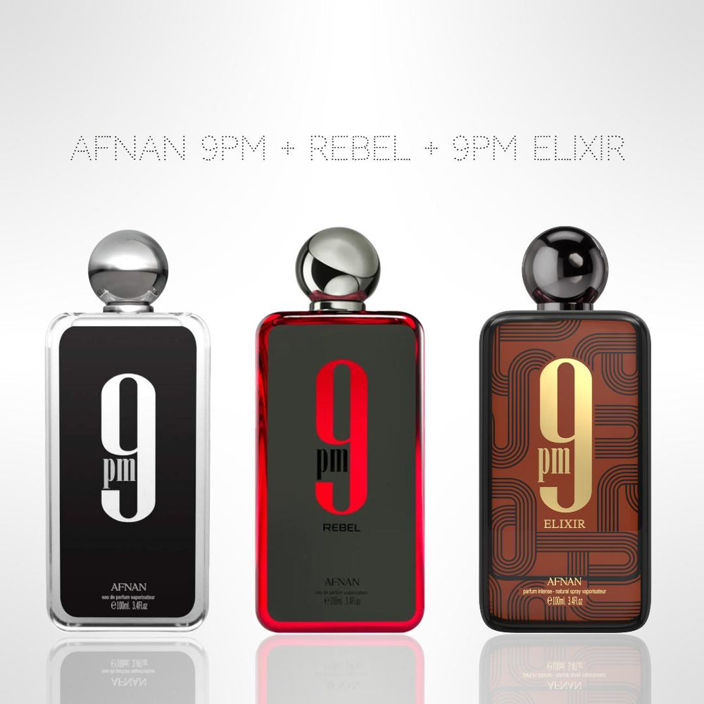 The 9pm Bundle – Afnan Fragrance Trio Collection: 9pm Original + Rebel + Elixir | 100ml x 3 Eau de Parfum
