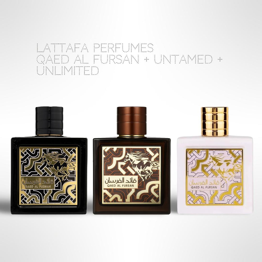 Qaed Al Fursan + Qaed Al Fursan Untamed + Qaed Al Fursan Unlimited – 3 x 100ml (3.4 fl oz) Fragrance Set – The Complete Signature Collection by Lattafa