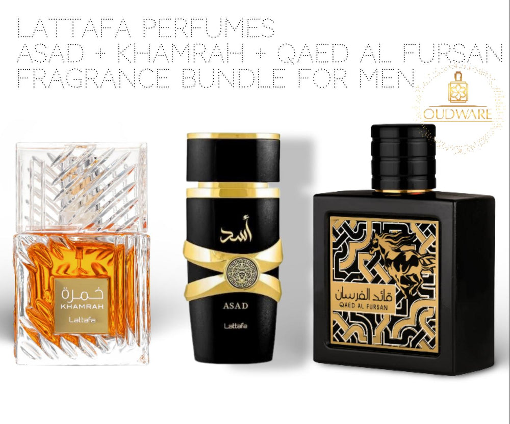 Lattafa Perfumes Asad + Khamrah EDP 100ml (3.4 Oz) & Qaed Al Fursan EDP 90ml (3.04 Oz) - Long Lasting Men's Fragrance Bundle -  Fragrance Value Bundle - Luxury Fragrance Gift Set For Men perfume luxurious fragrance loud  perfume