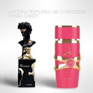 Lattafa Perfumes His confession + Yara Candy 100ml (3.4 Fl oz) Long Lasting Perfume - Value Bundle - Couples Fragrance Gift Bundle