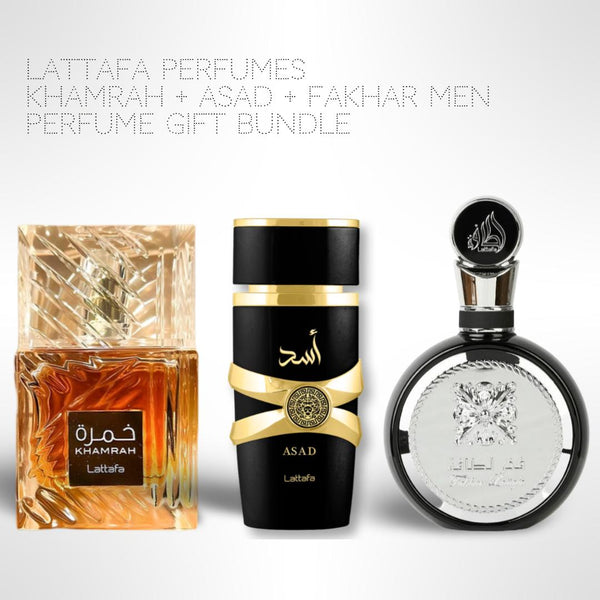 Lattafa Perfumes Khamrah + Asad + Fakhar men 100ml (3.4 Fl oz) Long Lasting Perfume - Value Bundle - Fragrance Gift Bundle niche  fragrances lattafa  fakhar