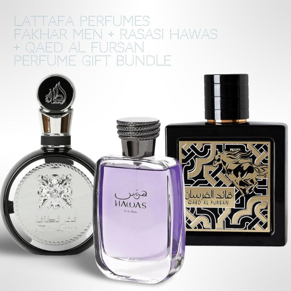 Lattafa Perfumes Fakhar men + Rasasi Hawas + Qaed Al Fursan 100ml (3.4 Fl oz) Long Lasting Perfume - Value Bundle - Fragrance Gift Bundle niche  fragrances lattafa  fakhar