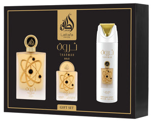 Tharwah Gold 3-Piece Gift Set – Eau de Parfum | 100ml (3.4 Fl Oz) + Deodorant Spray + Pocket Perfume for Men