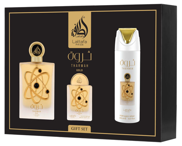 Tharwah Gold 3-Piece Gift Set – Eau de Parfum | 100ml (3.4 Fl Oz) + Deodorant Spray + Pocket Perfume for Men