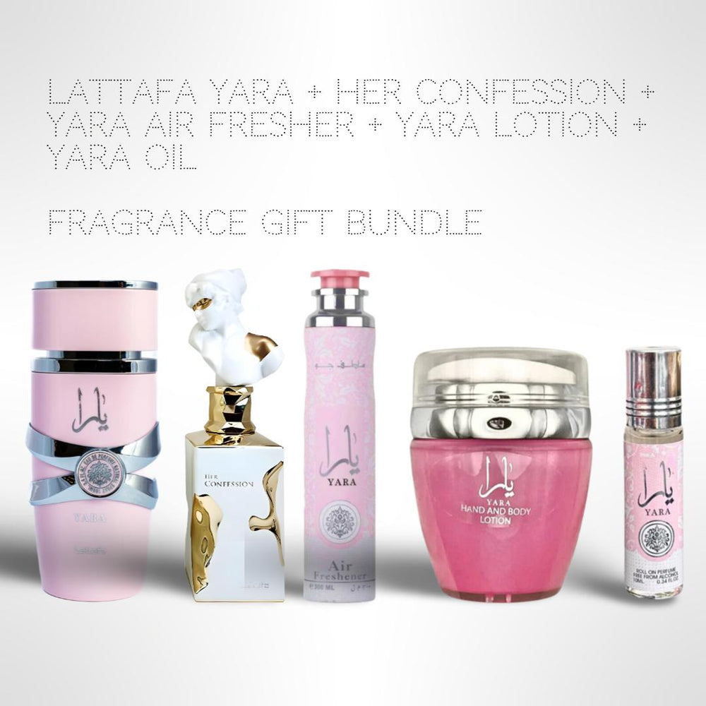 Lattafa Yara + Her Confession + Yara AIR FRESHER 100ml (3.4oz) + Yara LOTION 45ML + Yara Oil 10ml- Fragrance Collection Starter Pack - Fragrance Gift Bundle
