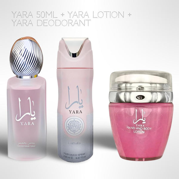 Lattafa Perfumes YARA Fresh Hair Spray - 50ML + Yara Moisturizing Hand & Body Lotion + Yara Deodorant Perfumed Body Spray 200ml Lasting Perfume - Value Bundle For Women - Fragrance Gift Bundle niche  fragrances perfume spray