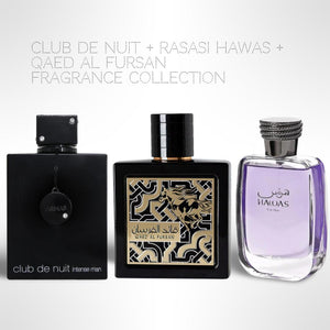 Armaf Club De Nuit Intense + Rasasi Hawas + Qaed Al Fursan Perfume By Lattafa 100ML (3.4 Oz) - Fragrance Collection Starter Pack