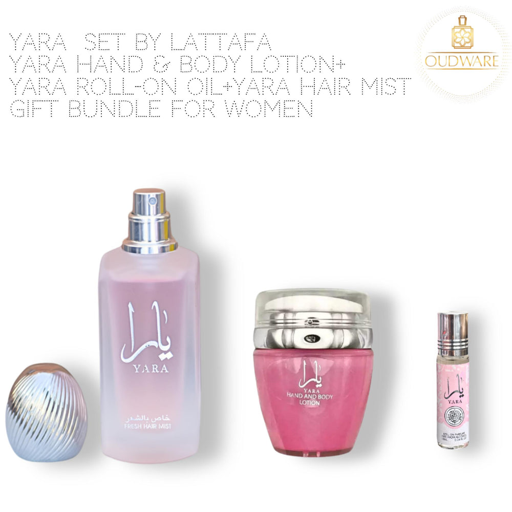 Lattafa Yara Hand & Body Lotion 45ML (1.53 OZ)+ Yara Roll-On1 0ml (0.34 OZ) + Yara Hair Mist 50ML (1.7 OZ) - The Ultimate Pink Elegance Gift Bundle