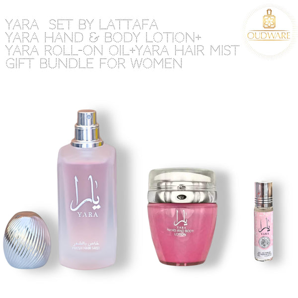Lattafa Yara Hand & Body Lotion 45ML (1.53 OZ)+ Yara Roll-On1 0ml (0.34 OZ) + Yara Hair Mist 50ML (1.7 OZ) - The Ultimate Pink Elegance Gift Bundle